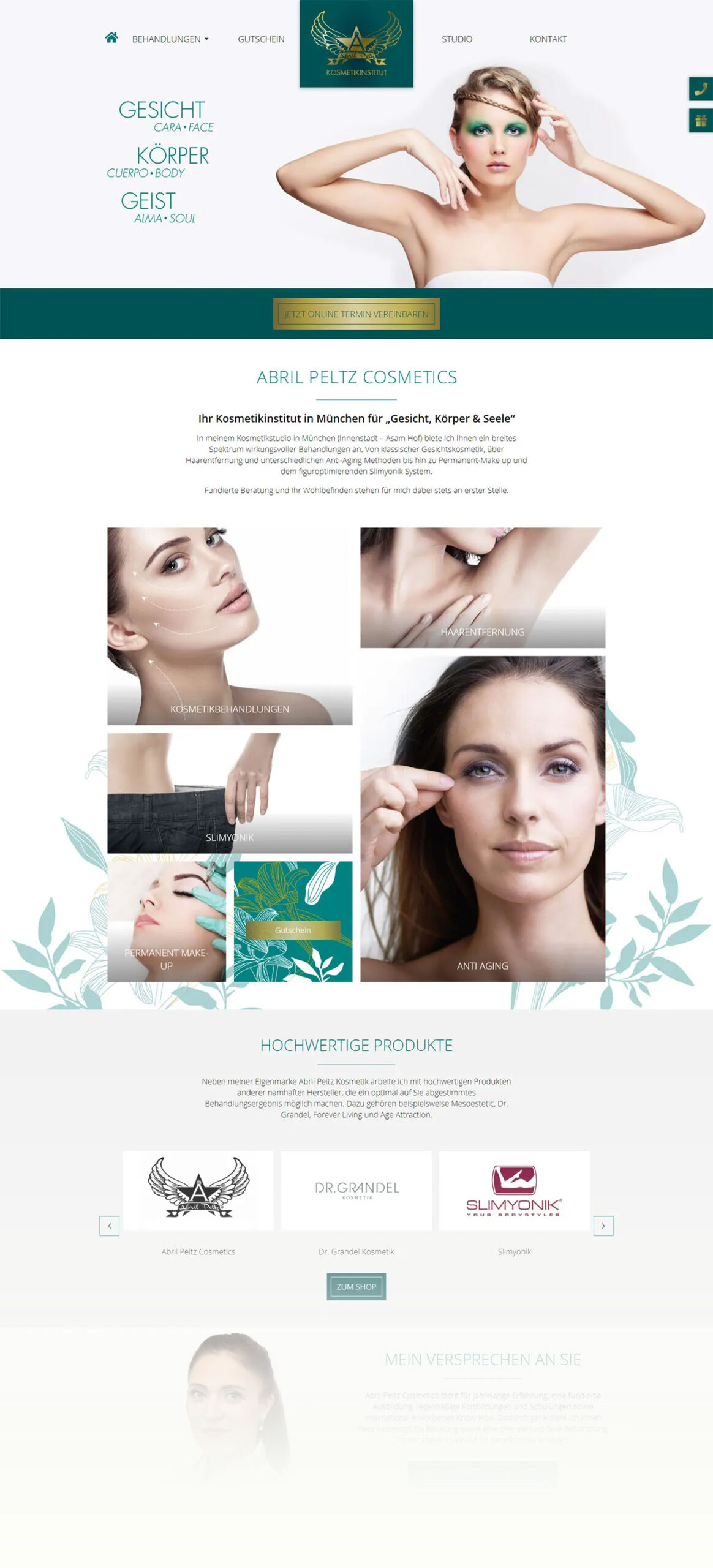 Ein Screenshot der neuen Webseite von Abril Peltz Cosmetics