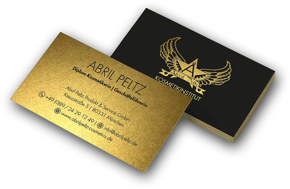 Veredelte Visitenkarten von Abril Peltz Cosmetics mit goldener Farbe