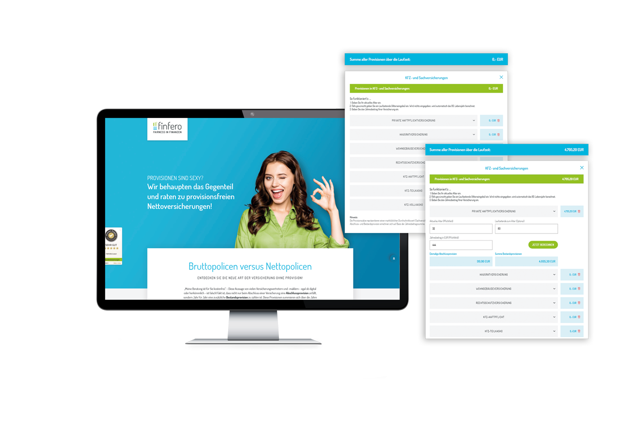 Screenshots vom modernen, individuell programmierten Provisionsrechner von Finfero