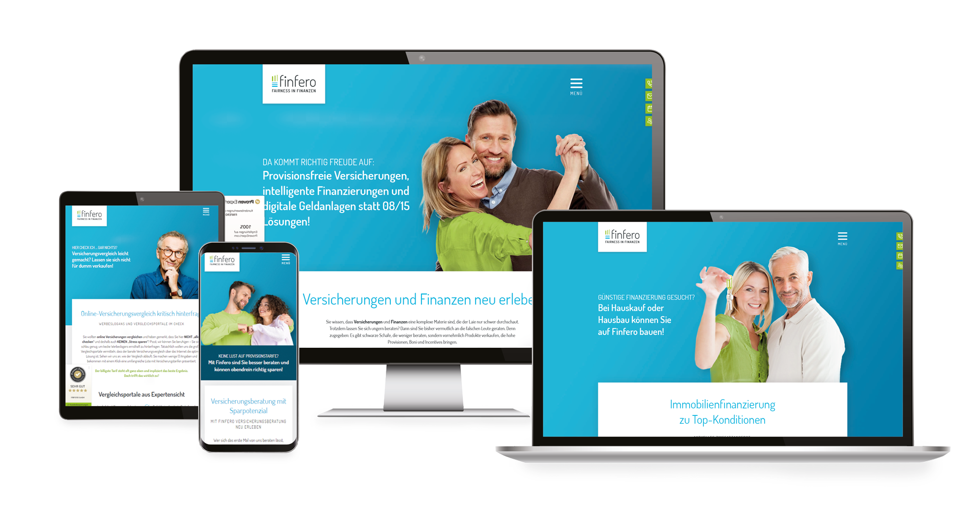 Vier Screenshots der neuen responsiven Webseite von Finfero auf verschiedenen Endgeräten, wie Handy, Tablet und Notebook