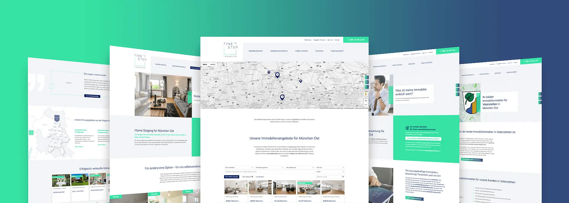Fünf Screenshots der neuen Finestep Immobilien Webseite