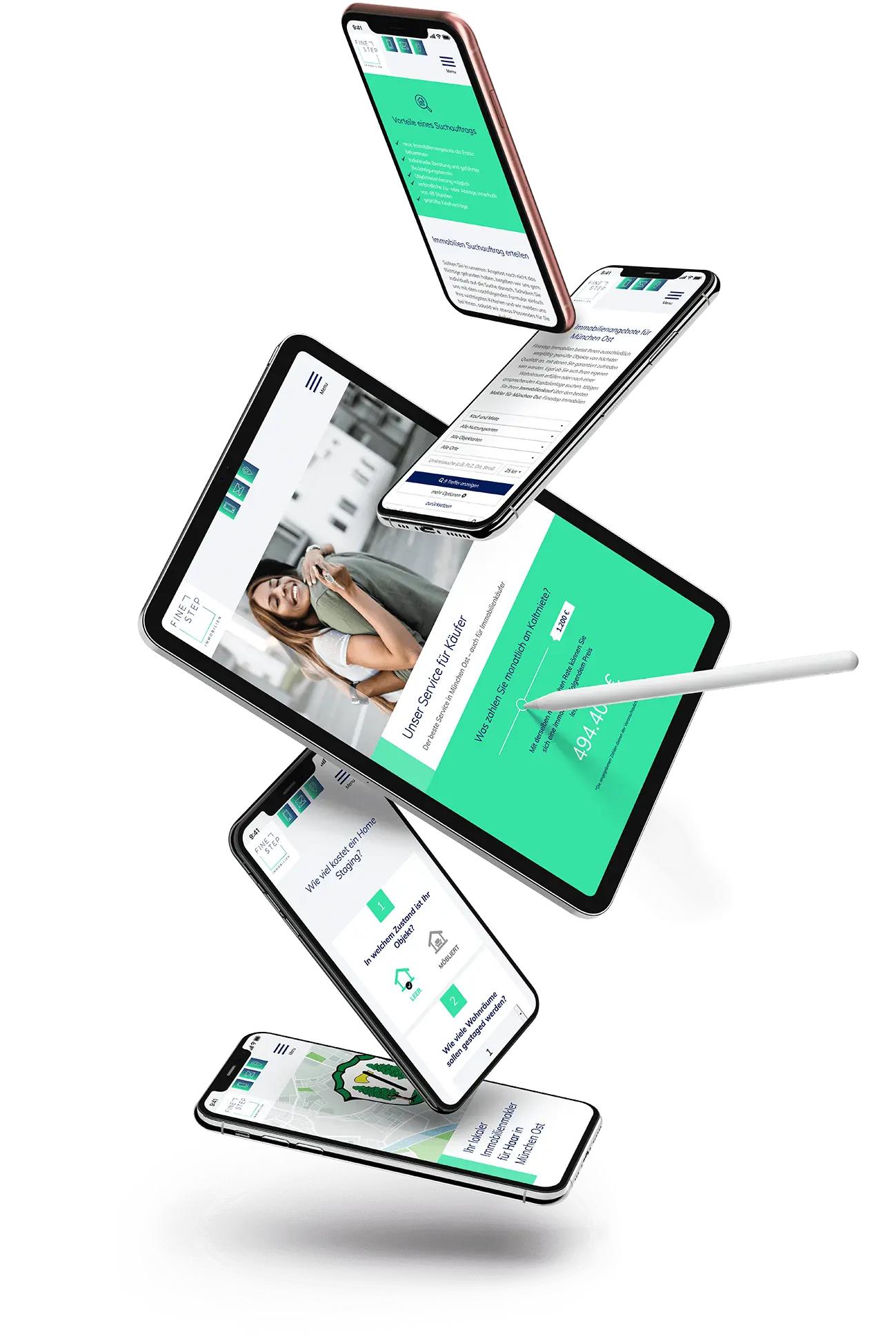 Fünf Screenshots der neuen Finestep Immobilien Webseite auf Smartphones und Tablet