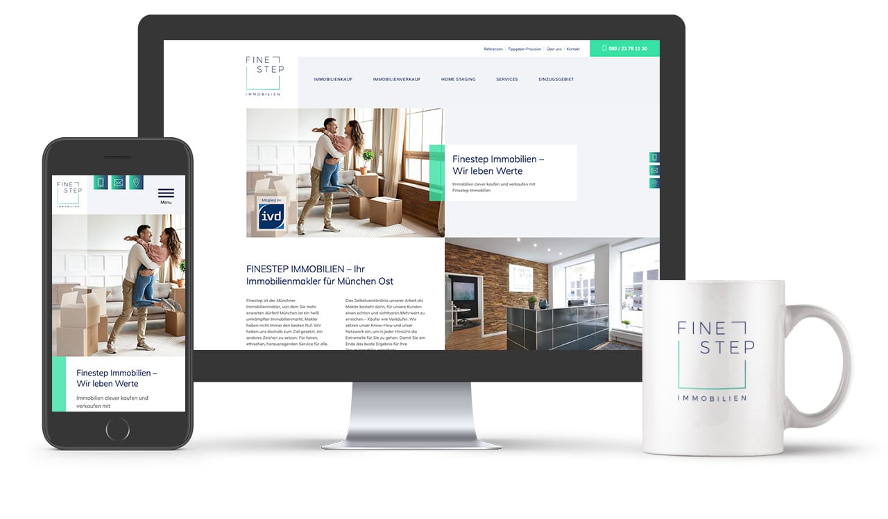 Die responsive Webseite von Finestep Immobilien auf Desktop und Smartphone. Zudem eine bedruckte Tasse mit dem Finestep Logo.