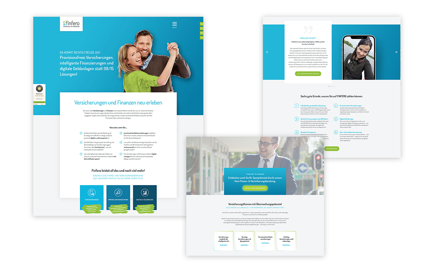 Drei Screenshots der neuen Finfero Webseite mit verschiedenen Abschnitten