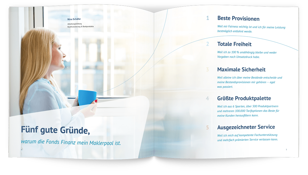 Mockup der neuen modernen Imagebroschüre der Fonds Finanz Maklerservice GmbH