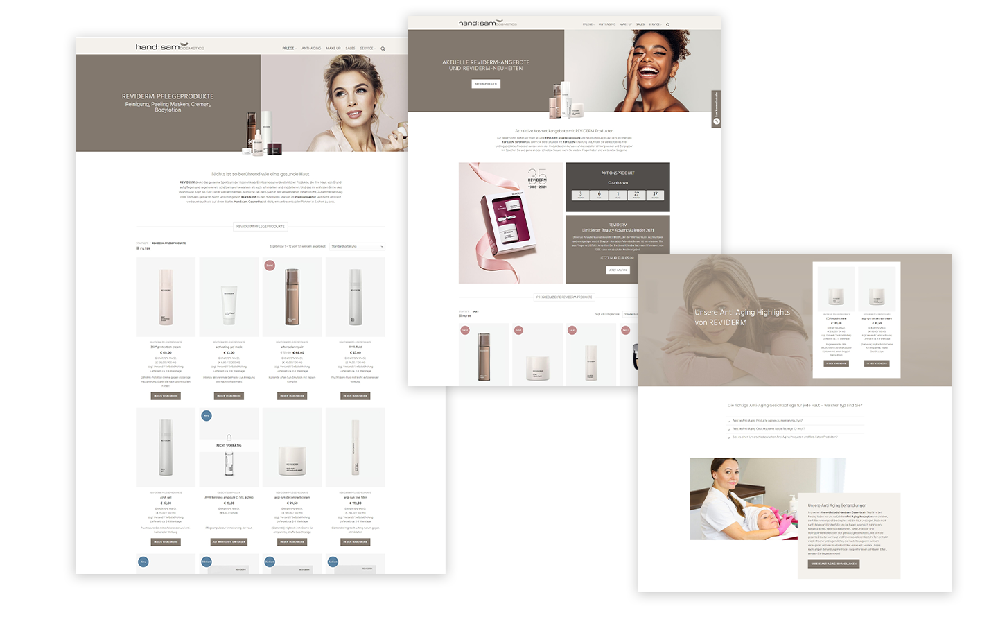 Drei Screenshots des neuen Handsam Cosmetics Webshops