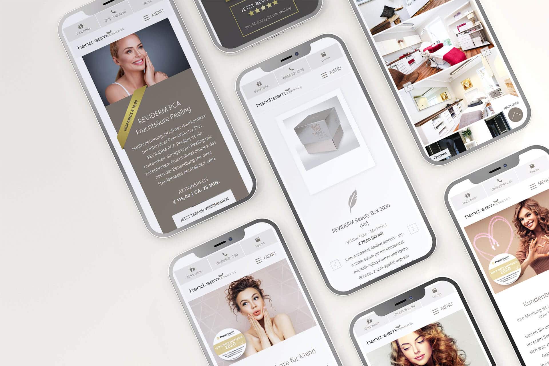 Mockups der responsiven Handsam Cosmetics Webseite auf mehreren Handys
