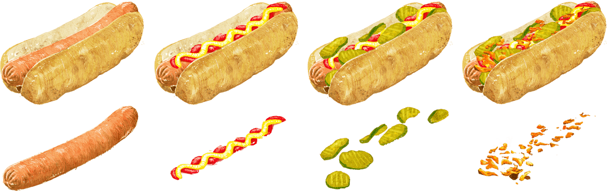 Illustrationen von HotDogs und deren Bestandteile im neuen Corporate Design Look für die Foodkette Happy Donazz