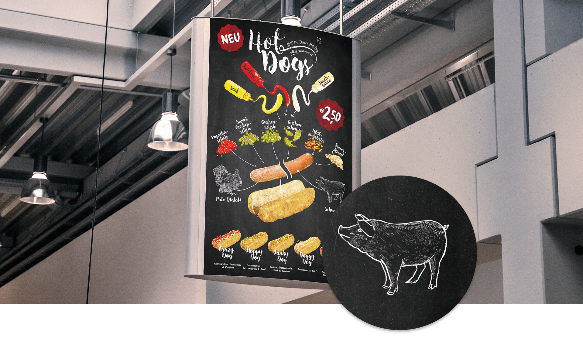 Mockups von möglichen Zusammenstellungen für die HotDogs. Werbeschild ist im neuen Corporate Design Look für die Foodkette Happy Donazz
