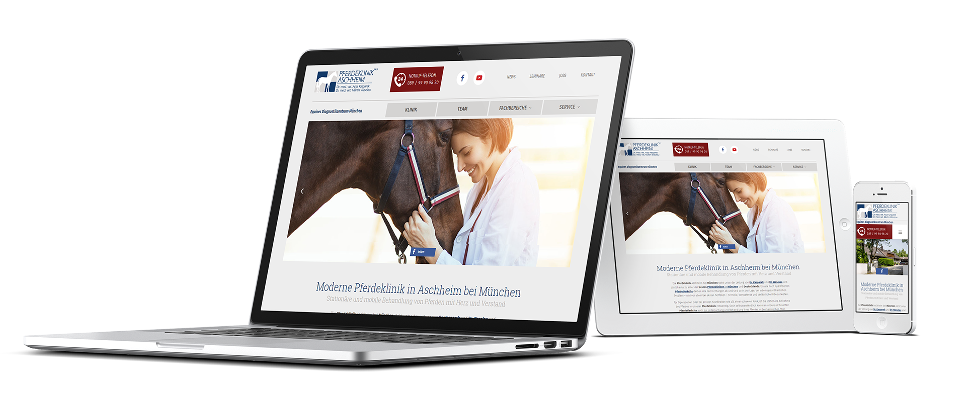 Mockup der neuen Webseite der Pferdeklinik Aschheim auf verschiedenen Endgeräten
