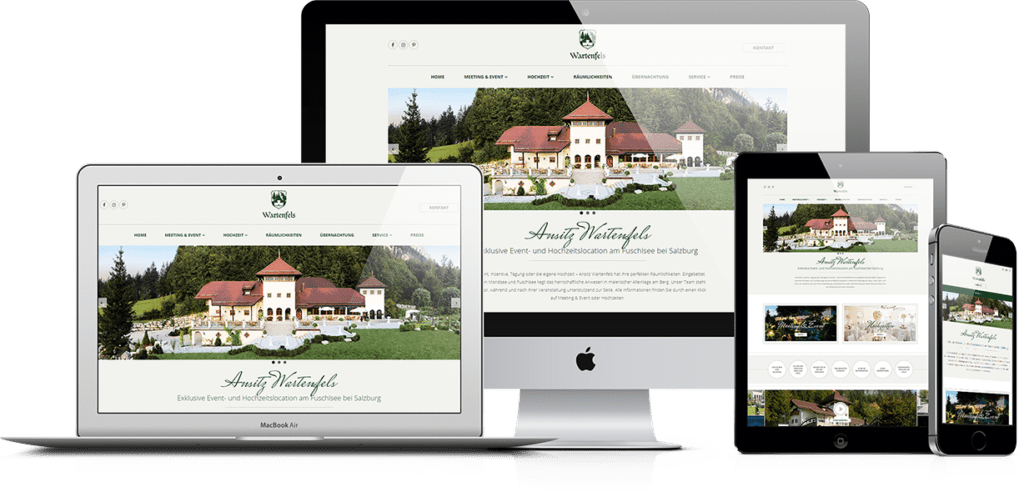 Mockups mit der neuen responsiven Webseite der exklusiven Eventlocation Wartenfels am Fuschlsee bei Salzburg