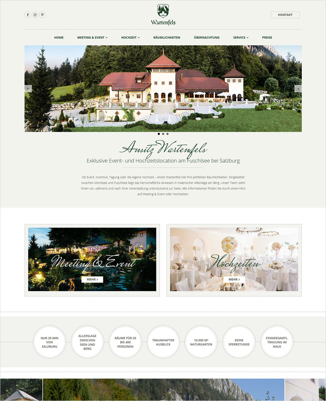 Screen der neuen Webseite der exklusiven Eventlocation Wartenfels am Fuschlsee bei Salzburg
